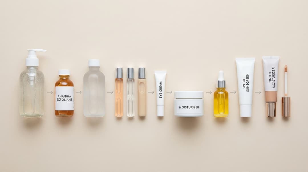 Flatlay of skincare and makeup products arranged in the correct morning routine order from cleanser to sunscreen and makeup.