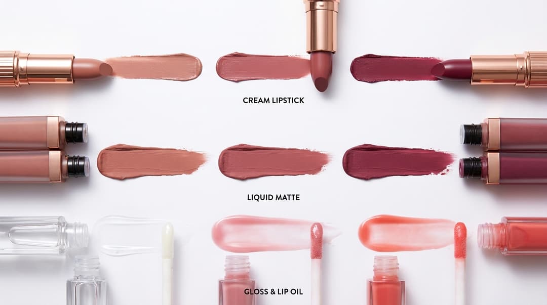 Flatlay of cream lipsticks, liquid mattes, and glosses swatched in coordinating shades to compare textures and finishes for drugstore dupes.