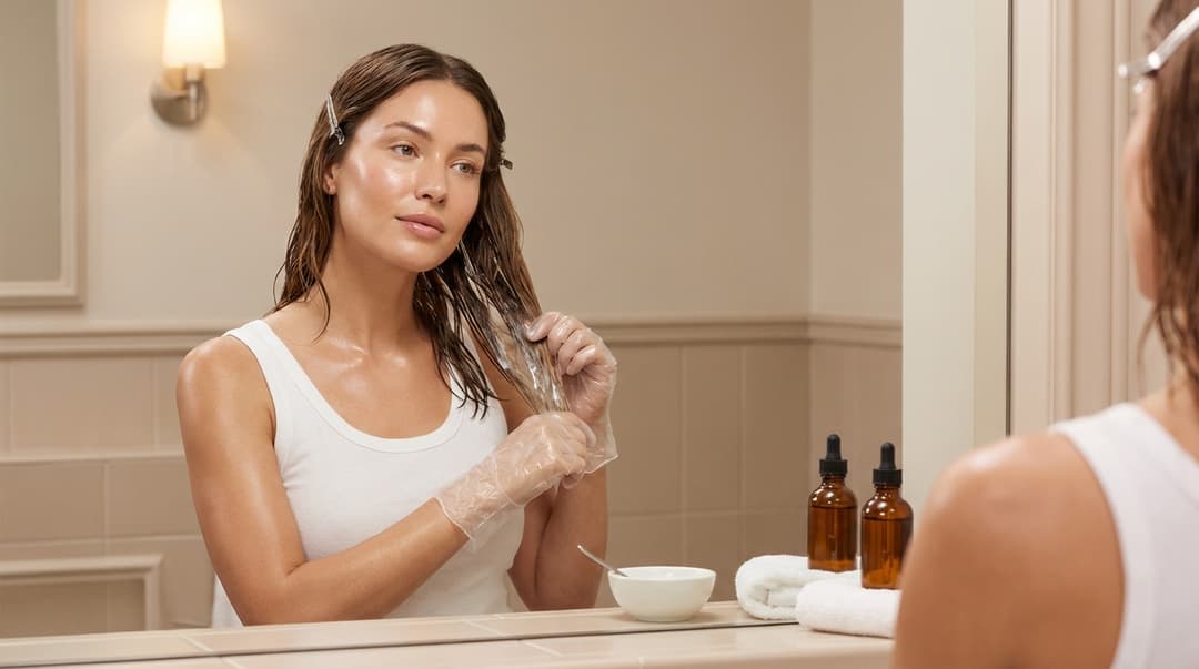 Woman with glowing skin applying clear hair gloss to sectioned damp hair in a home bathroom