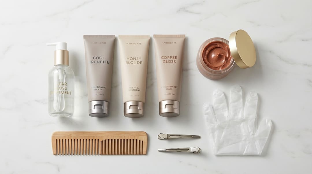 Flatlay of clear and tinted hair gloss products with comb, clips, and gloves on a marble surface
