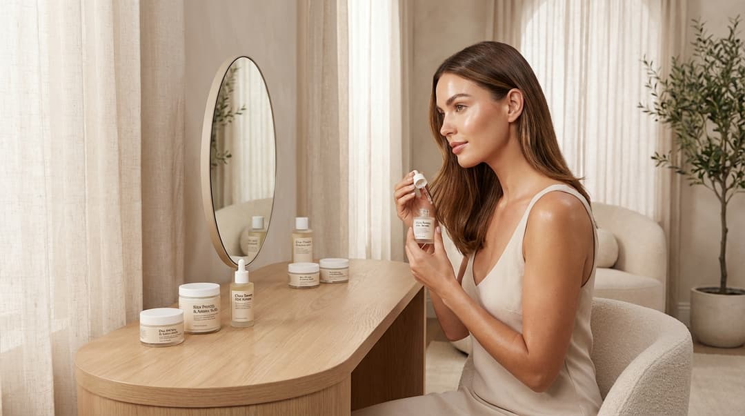 Woman with radiant skin applying a hair serum at a chic vanity with clean-beauty hair products