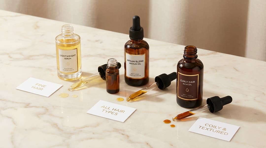 Flatlay of lightweight, medium, and rich hair oils for different hair types