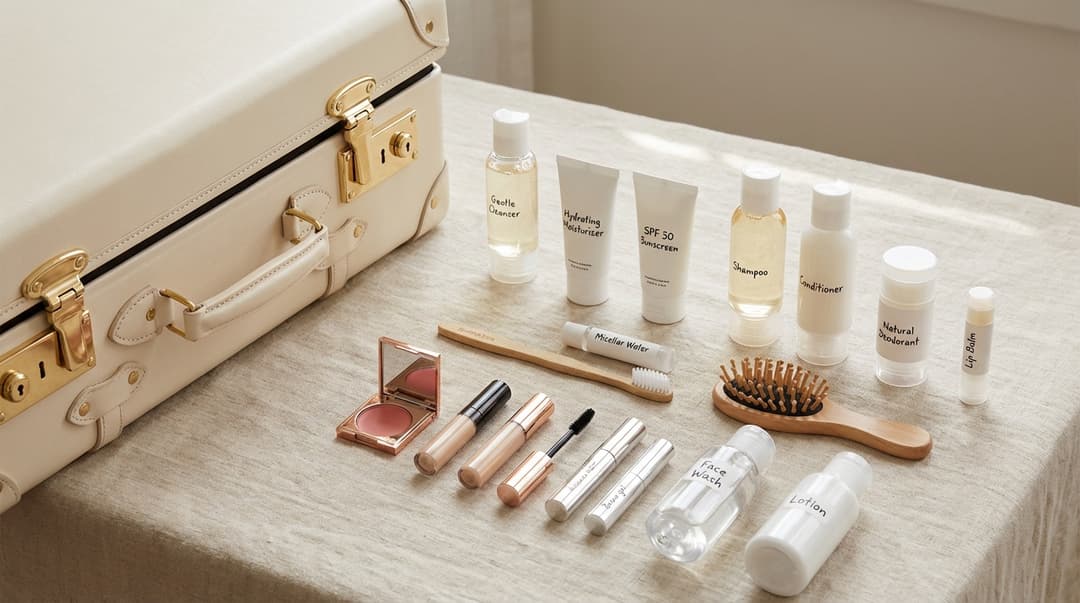 Flatlay of travel-size skincare, makeup, and toiletries arranged beside an open suitcase