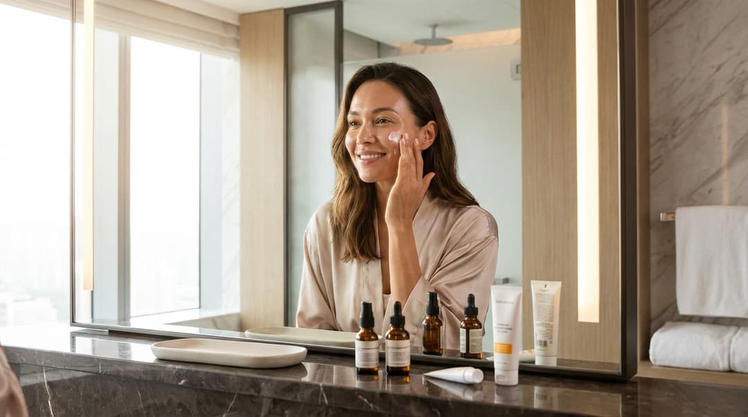 Beautiful woman applying moisturizer in a hotel bathroom with travel skincare on the counter