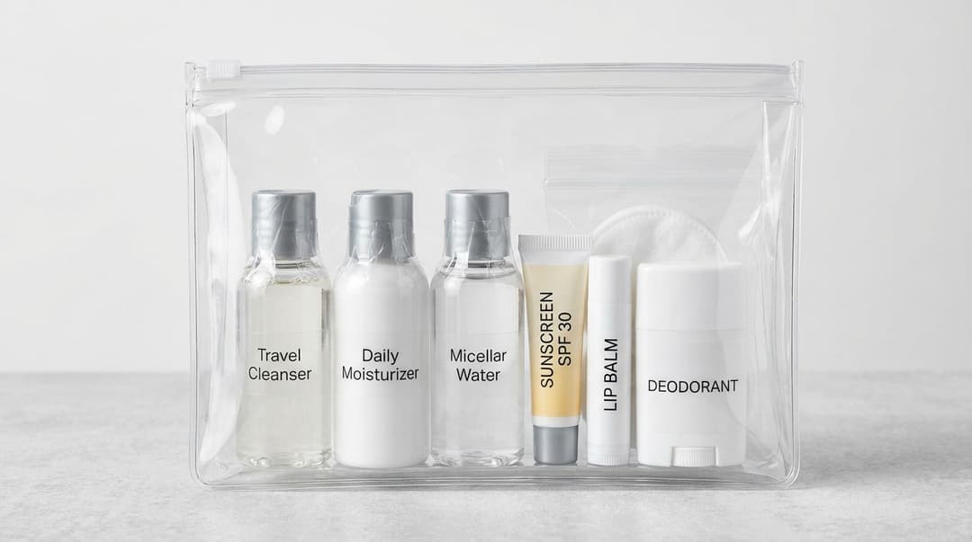 Clear carry-on beauty bag filled with organized travel-size toiletries and skincare