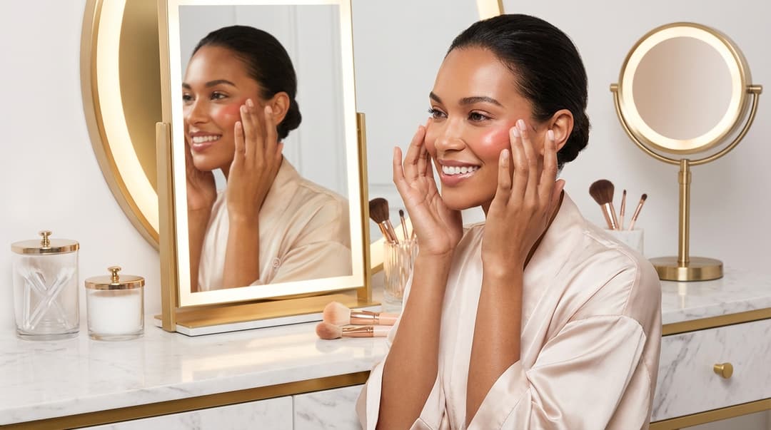 Woman applying blush draping technique with blush blended toward the temples