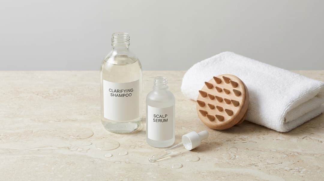 Flatlay of clarifying shampoo, scalp serum, and scalp massage tool