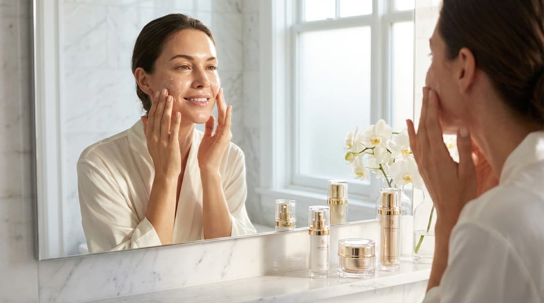 Beautiful woman with glowing skin applying moisturizer and primer in a bright bathroom