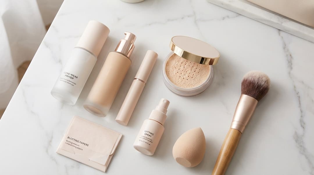 Flatlay of primer, foundation, powder, setting spray, and makeup tools on a marble surface