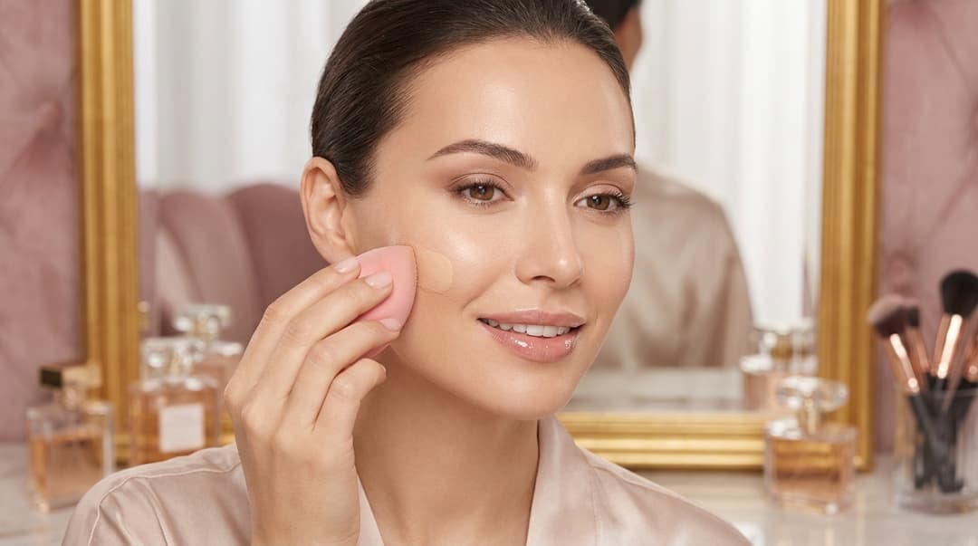 Close-up of a beautiful woman blending foundation with a makeup sponge