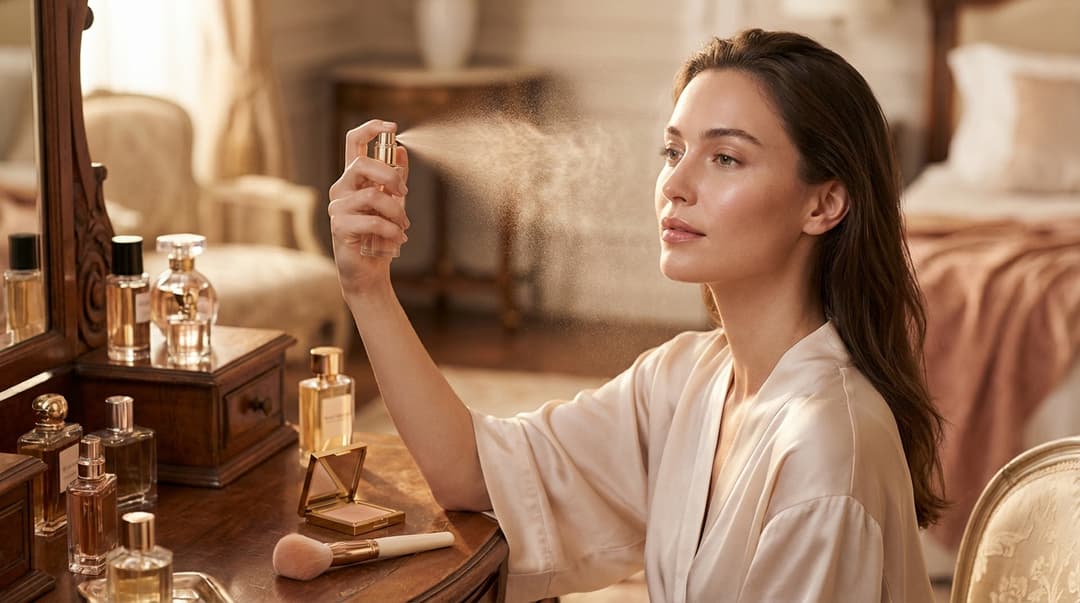 Beautiful woman using setting spray to lock in her makeup