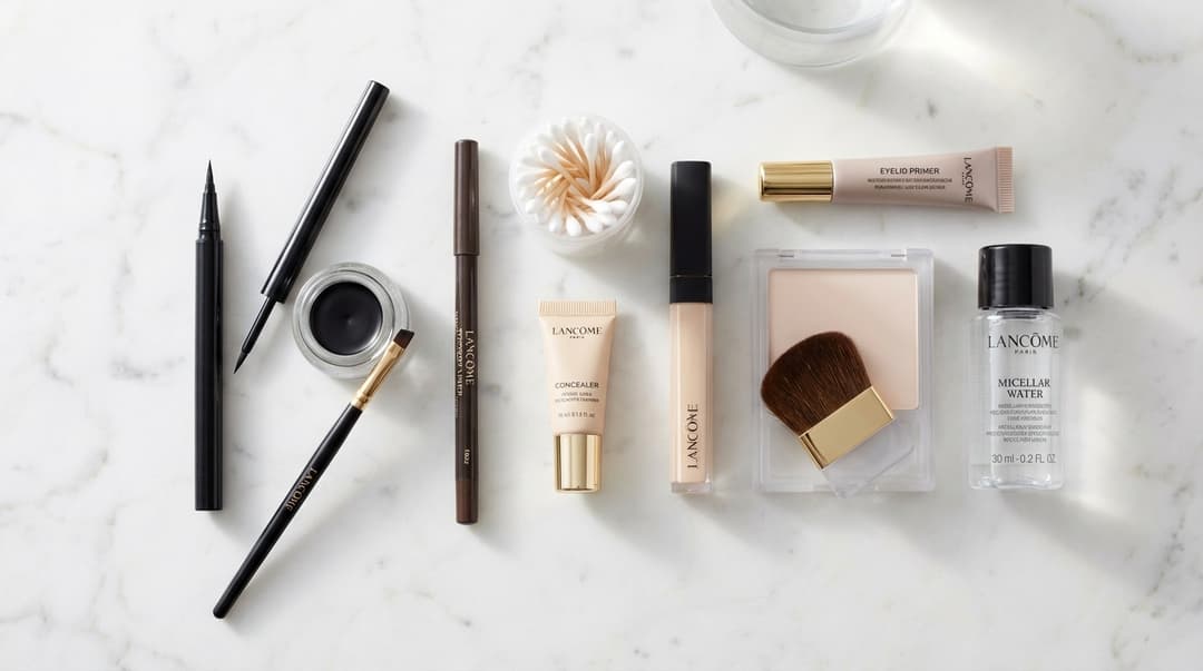 Flatlay of eyeliner tools including pen liner, gel pot, brush, pencil, concealer, primer, and cotton swabs