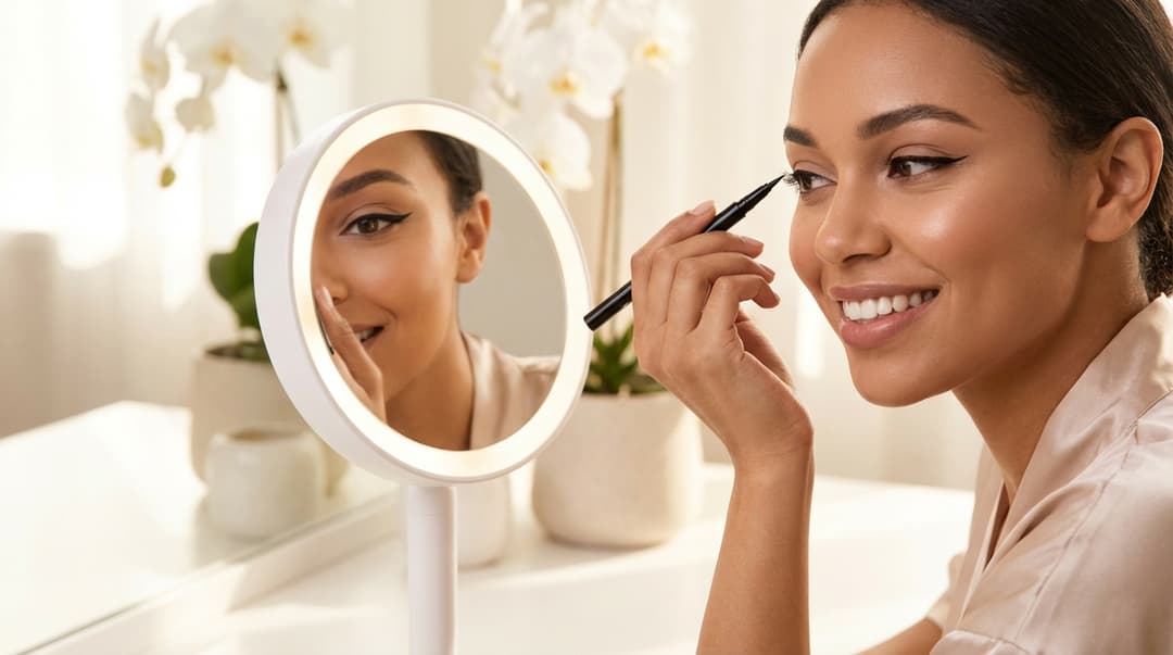 Beautiful woman applying winged eyeliner at a vanity mirror