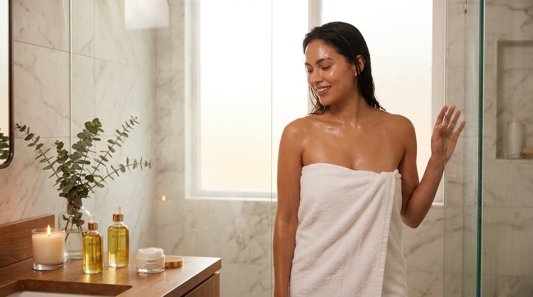 Beautiful woman after an everything shower in a spa-like bathroom