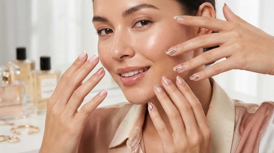 Beautiful woman with glowing skin showing trendy seasonal nail designs including micro French, jelly, chrome, and minimalist nails.