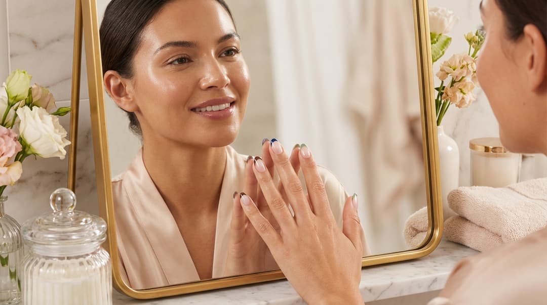 Woman with glowing skin admiring modern micro French tip nails in a mirror.