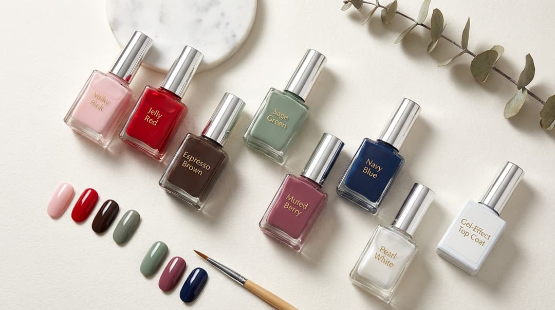Flatlay of seasonal nail polish colors with swatches, detail brush, and glossy top coat.