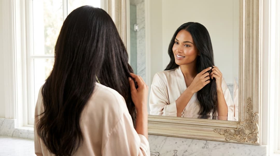 Beautiful woman with glowing skin admiring her long shiny hair in a bathroom mirror