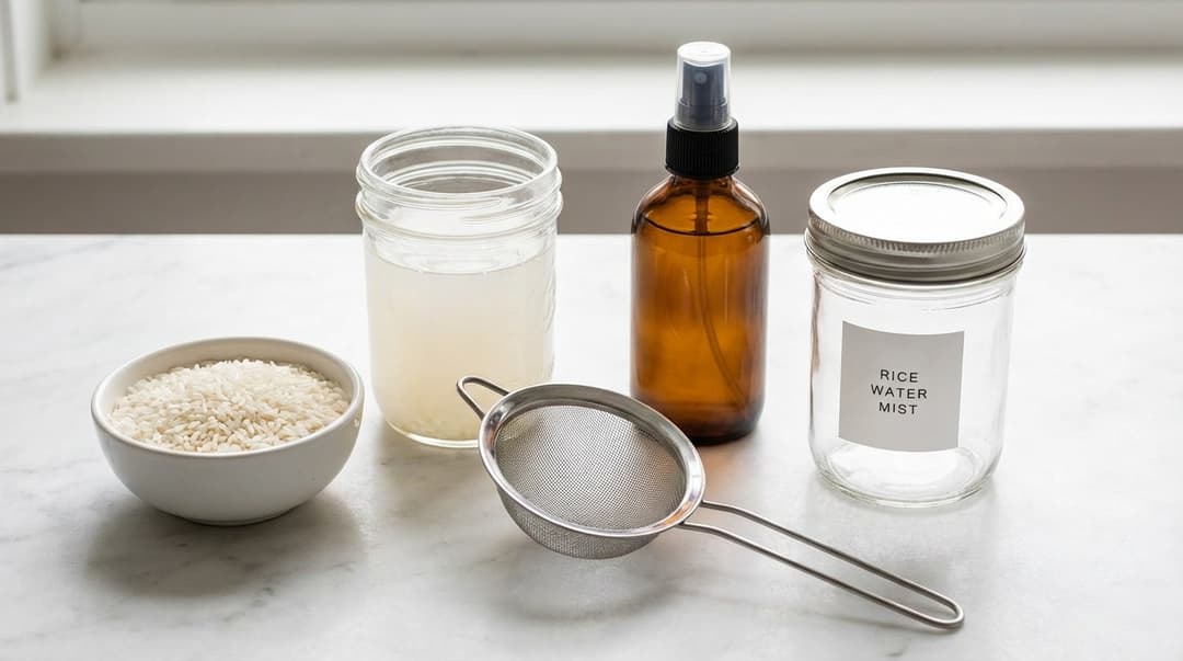 Flatlay of rice, rice water in jars, strainer, and spray bottle for making a hair rinse