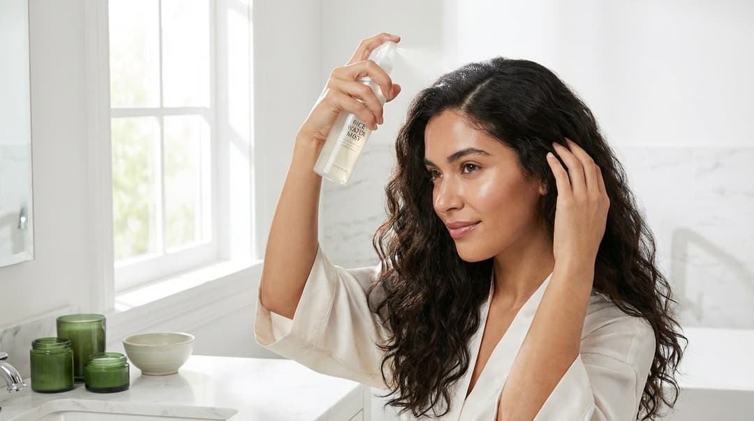 Beautiful woman applying rice water to her scalp with a spray bottle in a bright bathroom
