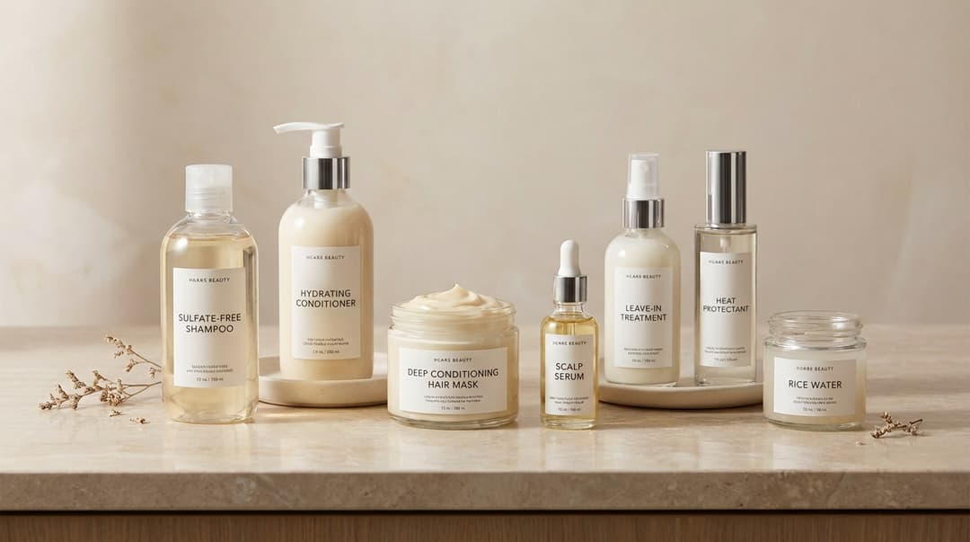 Hair care products paired with rice water, including shampoo, conditioner, mask, and scalp serum