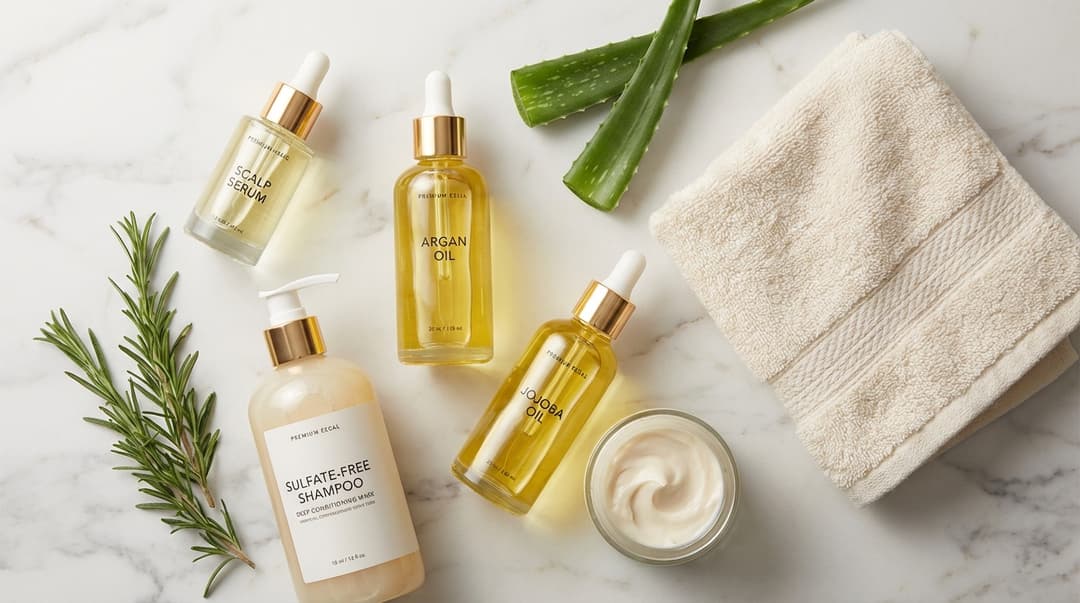 Flatlay of scalp serum, hair oil, sulfate-free shampoo, and deep conditioning mask