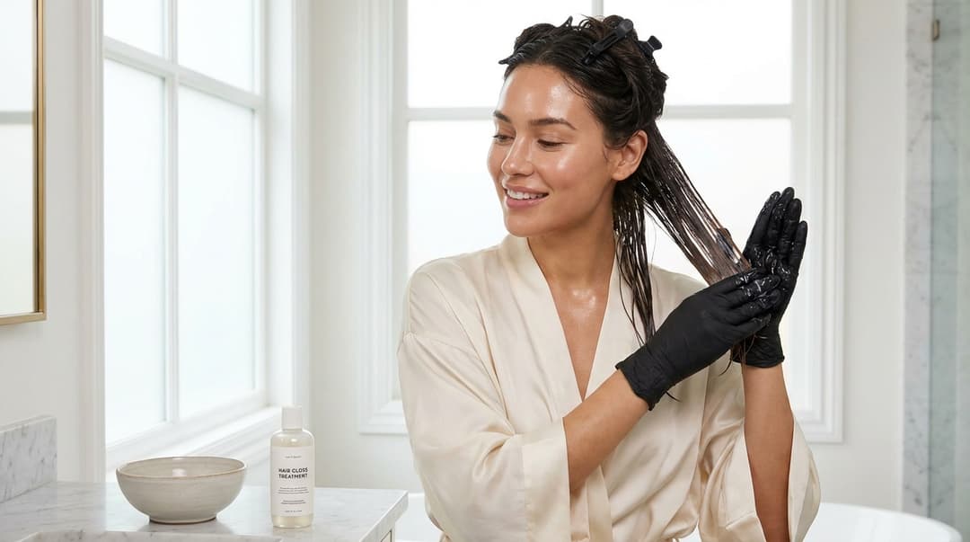 Woman applying at-home hair gloss to damp sectioned hair