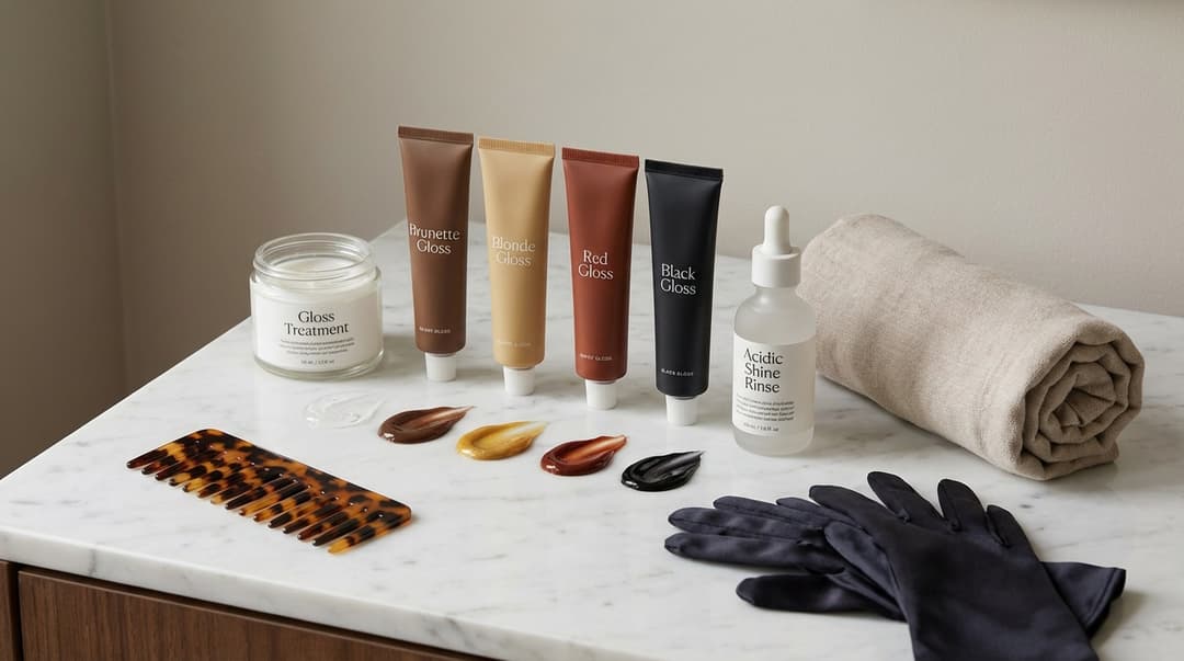Flatlay of hair gloss products including clear and tinted treatments with tools