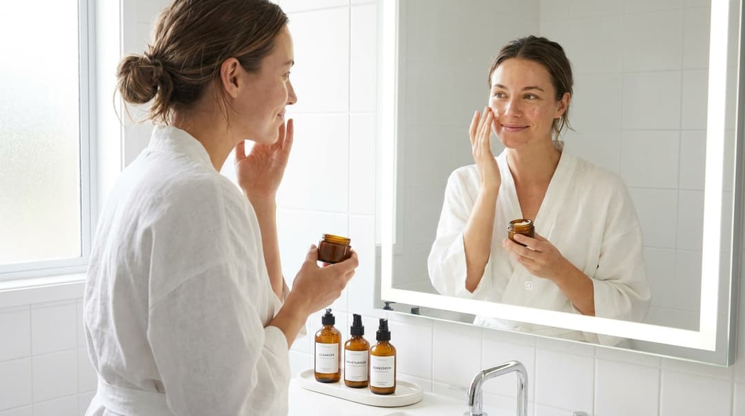 Beautiful woman with glowing skin applying moisturizer in a bright bathroom with cleanser and sunscreen nearby