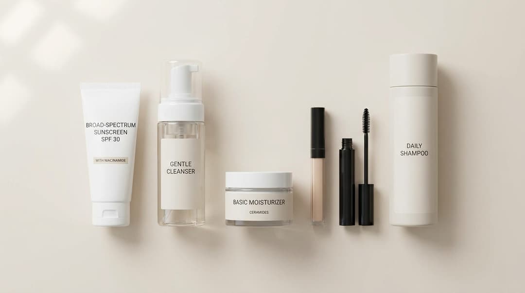 Flatlay of affordable beauty essentials including sunscreen, cleanser, moisturizer, concealer, mascara, and shampoo
