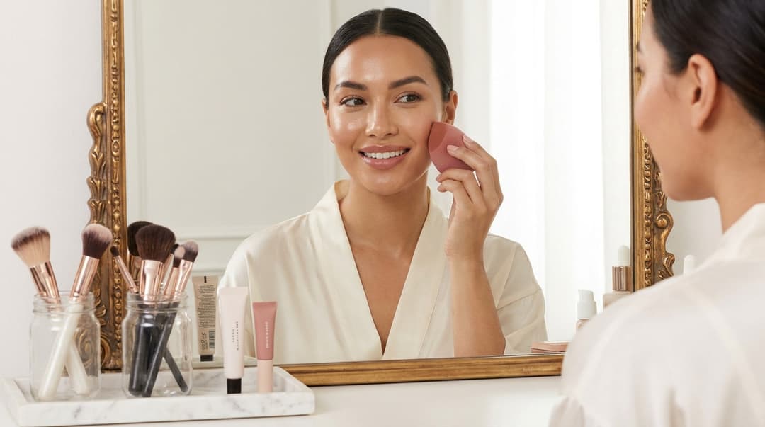 Beautiful woman blending foundation with a makeup sponge at a vanity mirror