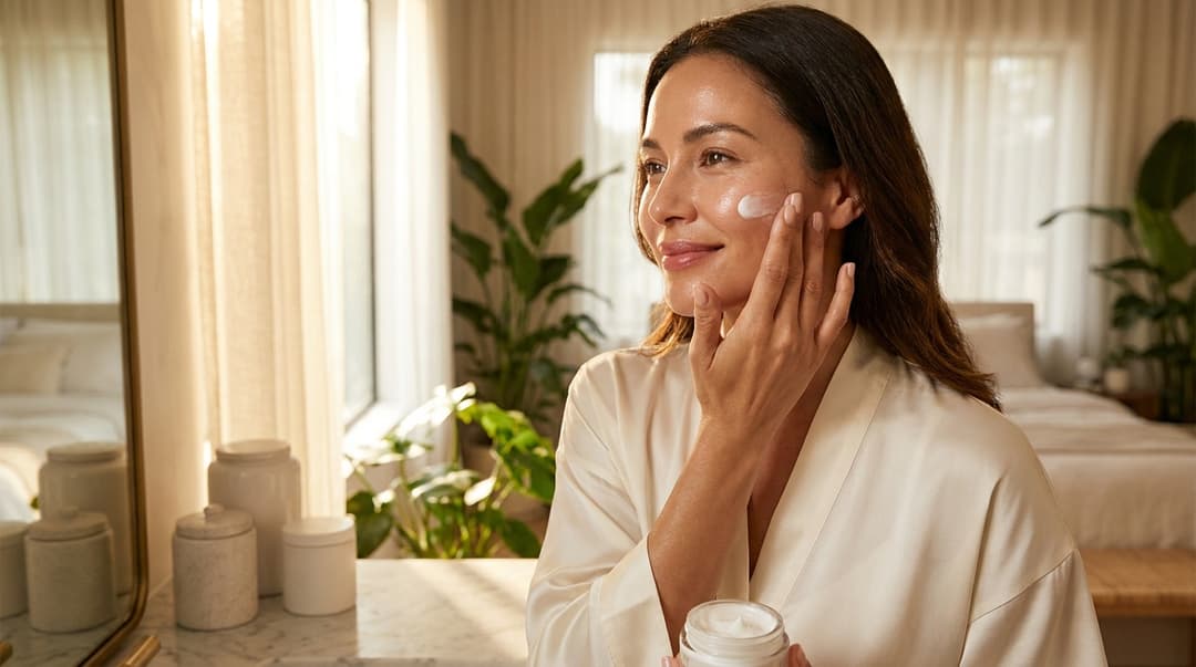 Beautiful woman with glowing skin applying sunscreen in soft morning light
