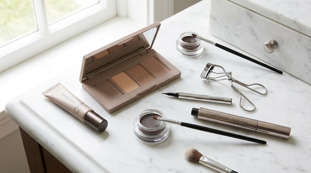 Flatlay of makeup products for hooded eyes including primer, matte shadows, liner, lash curler, and mascara