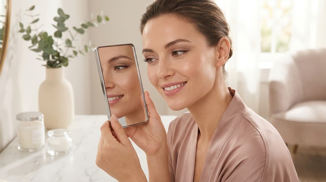 Beautiful woman with everyday makeup for hooded eyes looking at herself in a mirror