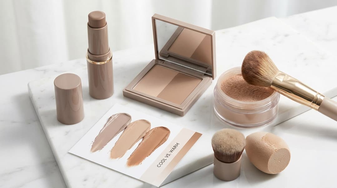 Flatlay of beginner contour products with cool-toned contour and warm bronzer swatches