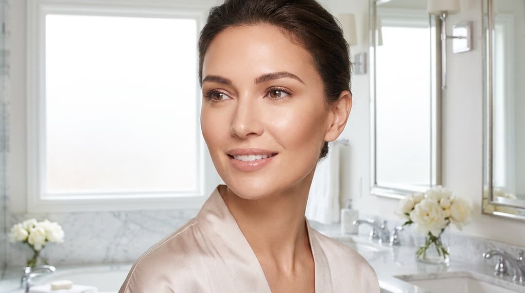 Beautiful woman showing contour placement on cheeks, temples, and jawline