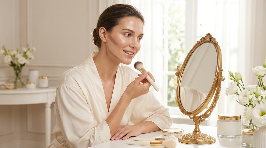 Beautiful woman applying cream contour under her cheekbone in a mirror