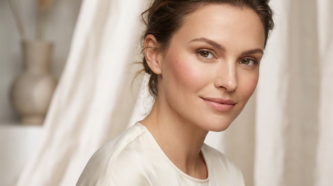Close-up of a woman with softly blended natural-looking contour and glowing skin