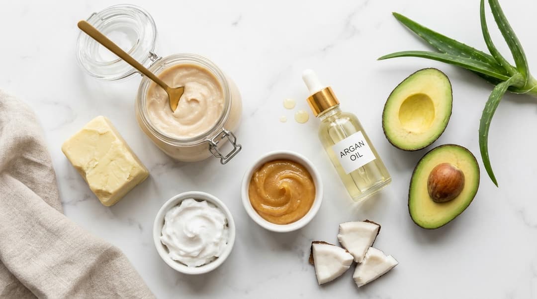 Flatlay of hair mask products and moisturizing ingredients like shea butter, argan oil, and aloe vera