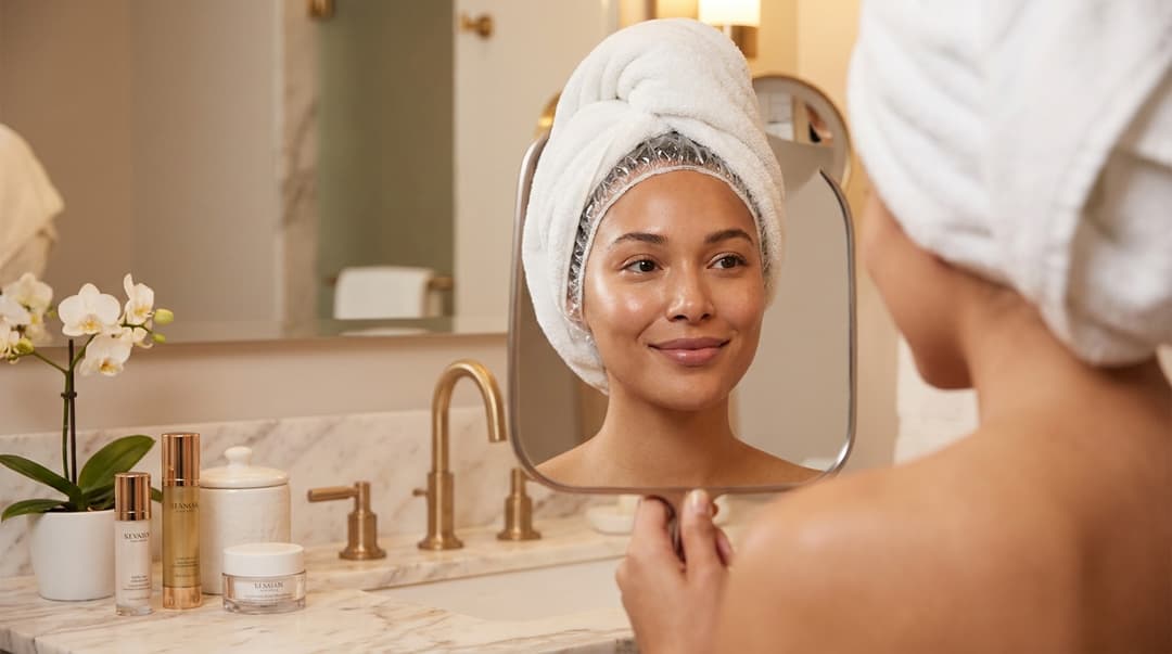 Close-up of a woman with glowing skin using a shower cap and checking her hair mask treatment in the mirror