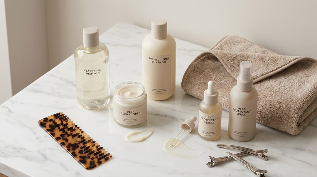 Flatlay of clarifying shampoo, deep conditioner, and heat protectant products for silk press prep