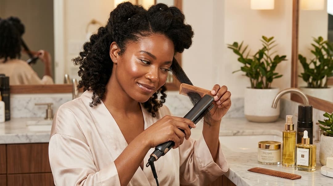 Beautiful woman flat ironing a small section of natural hair during a silk press