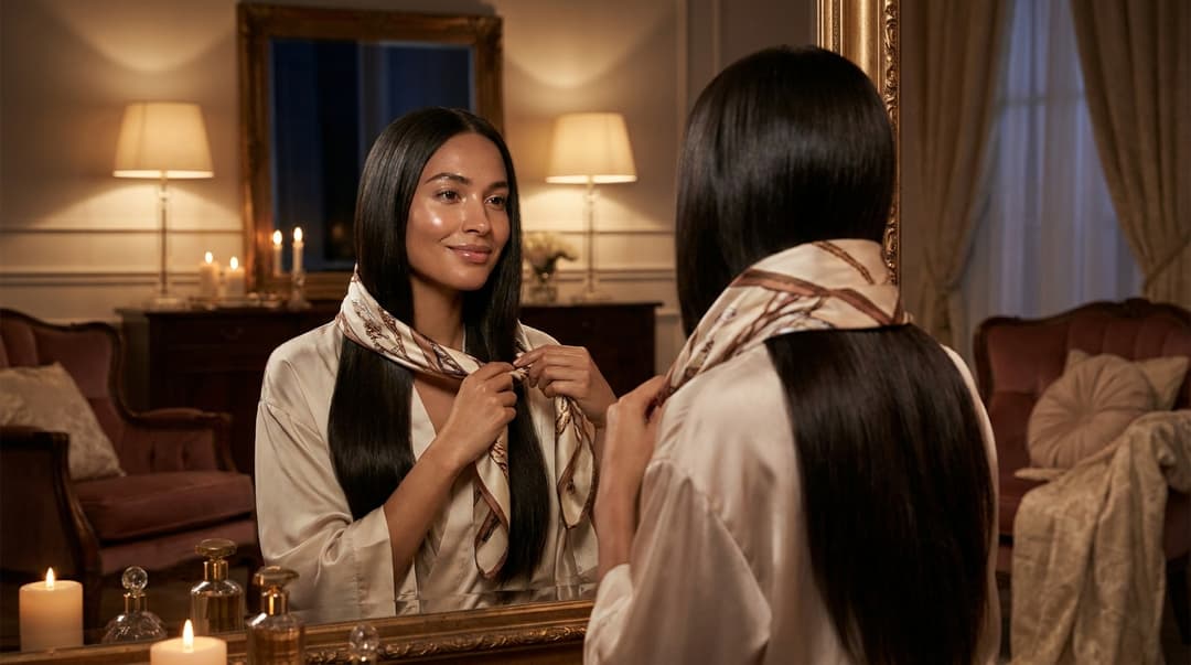 Beautiful woman wrapping her silk press with a satin scarf while looking in the mirror
