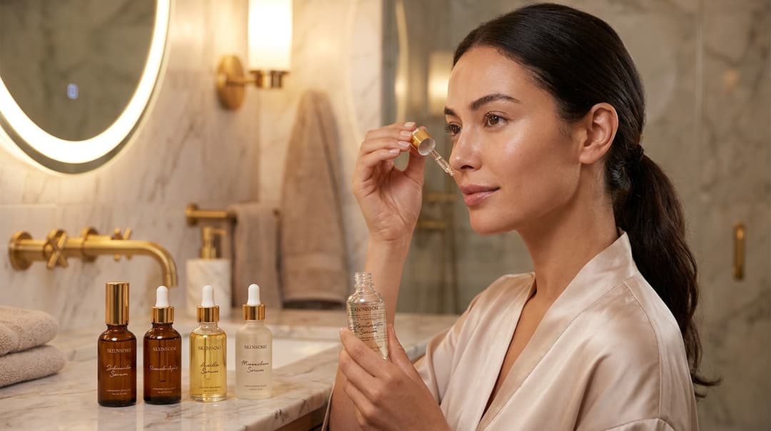 Beautiful woman with glowing skin following nighttime skincare steps at a bathroom vanity