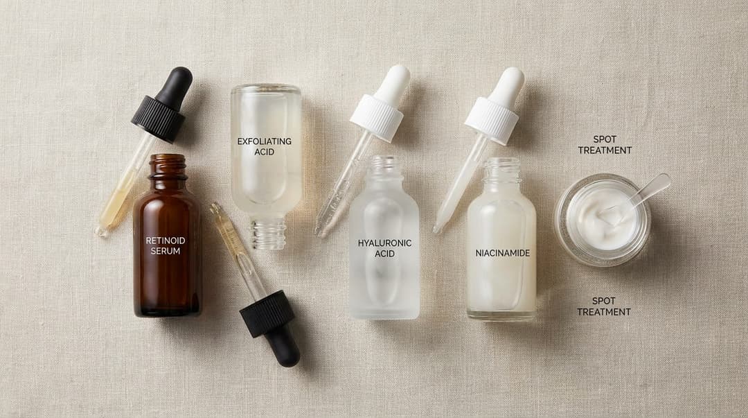 Flatlay of nighttime treatment serums including retinoid, acid, hydrating, and niacinamide products