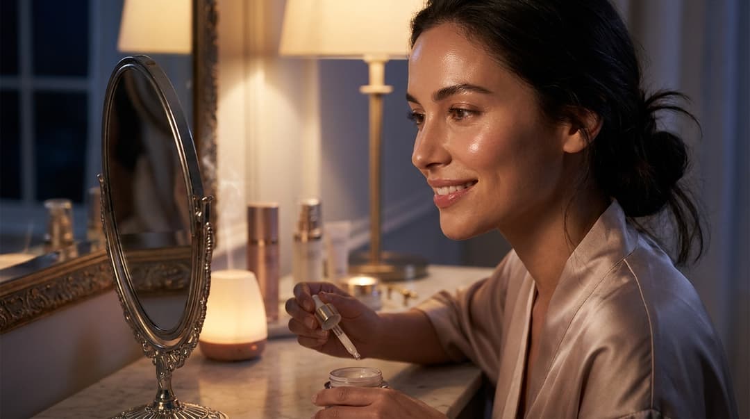 Beautiful woman with glowing skin after layering serum and moisturizer at night
