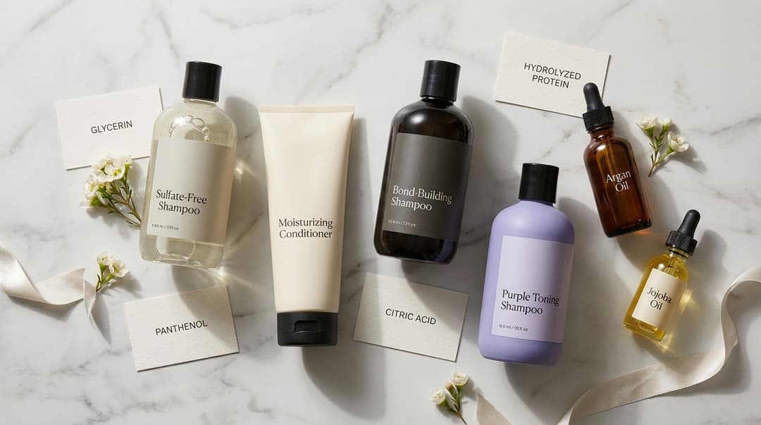 Flatlay of sulfate-free and color-safe shampoo products with key moisturizing ingredients