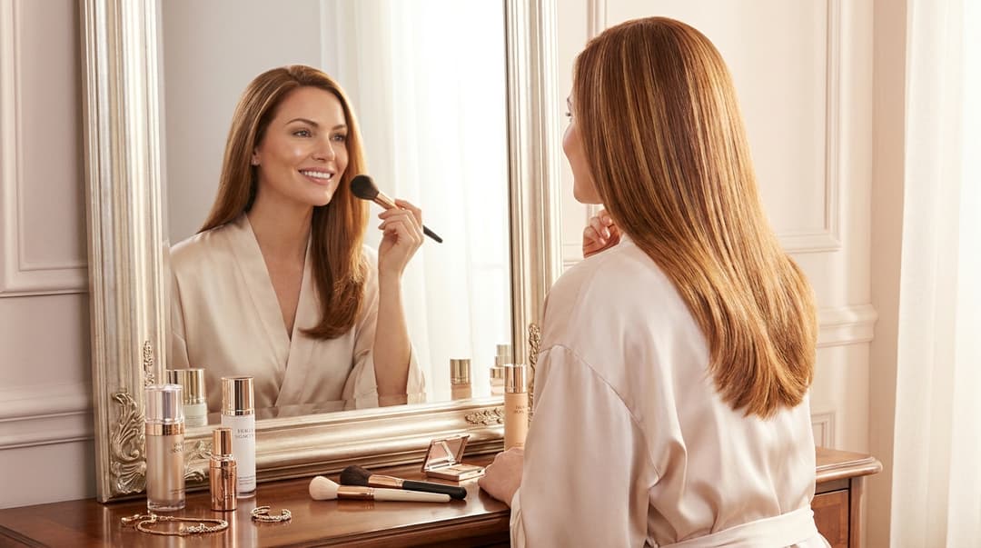 Beautiful woman looking at her shiny color-treated hair in a mirror