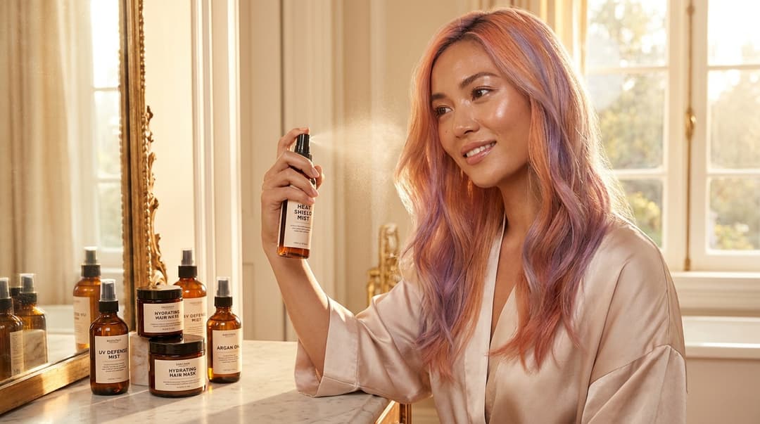 Beautiful woman applying heat protectant to vibrant color-treated hair at a vanity