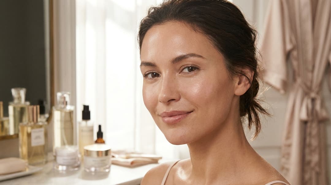 Close-up of a beautiful woman with glowing even-toned skin in soft light